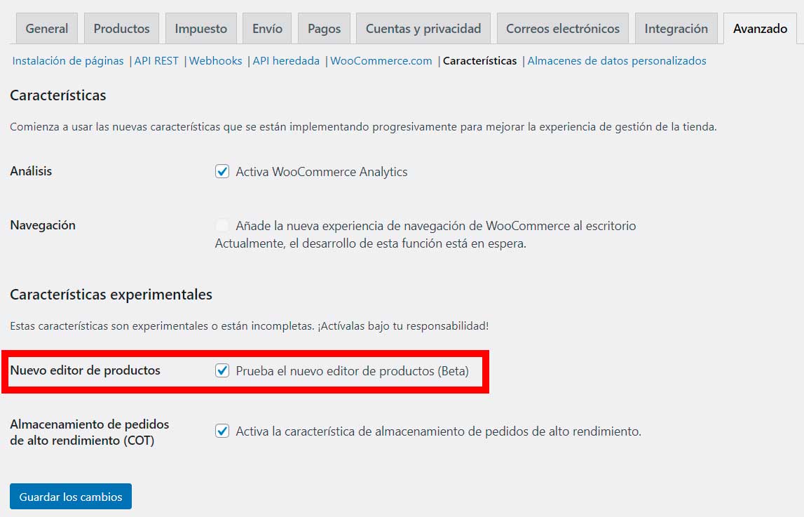 Activar el editor de productos por bloques