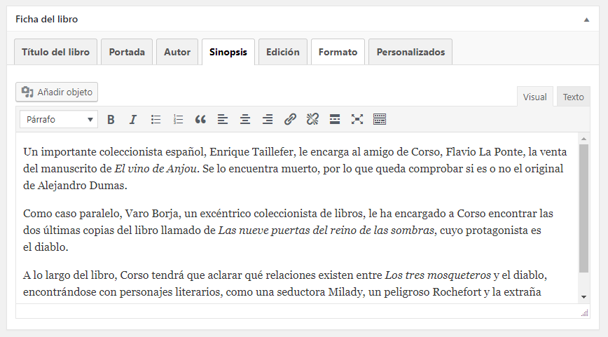 Sinopsis del libro en WooCommerce