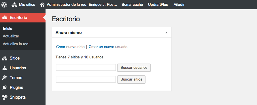 Escritorio de un superadministrador en WordPress multisite