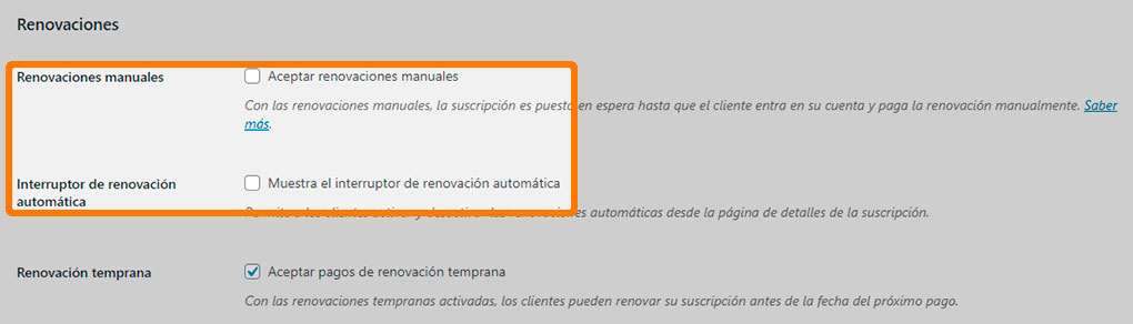 Opciones de renovación en WooCommerce Subscriptions