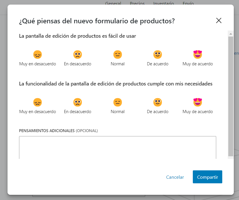 Formulario de opinión sobre el nuevo editor de productos de WooCommerce