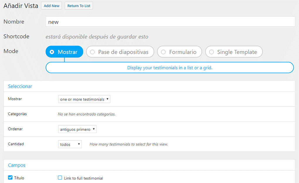 Configuración de la vista de testimonios